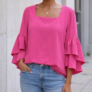 CROSBY by Mollie Burch fuchsia pink bell sleeve blouse. Size Large